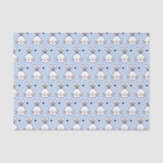 Papier Mousseline Cute White Bunny Faces and Hearts Pattern Blue