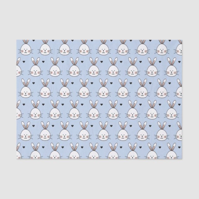 Papier Mousseline Cute White Bunny Faces and Hearts Pattern Blue (Recto)