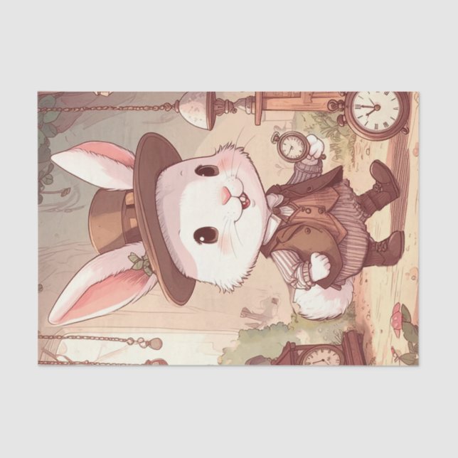 Papier Mousseline Cute White Rabbit Wonderland Whimsical Timekeeper (Recto)