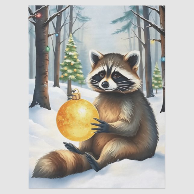 Papier Mousseline Cute Winter Raccoon with Gold Ornament Christmas (Recto)
