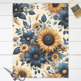 Papier Mousseline Daisées bleues de la marine des tournesols rustiqu