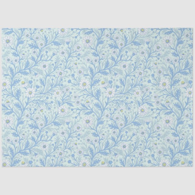 Papier Mousseline Daisies in white and blue on sea glass (Recto)