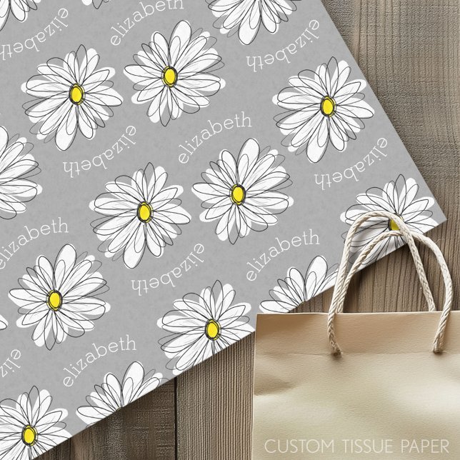 Papier Mousseline Daisy floral tendance avec nom personnalisé gris j (Custom Tissue Paper)