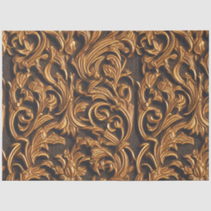 Papier Mousseline Damas baroque doré sur cuir foncé