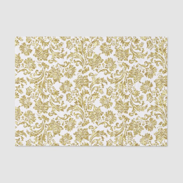 Papier Mousseline Damas Florales D'Or Métallique Blanc Et Faux (Recto)