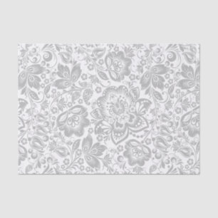 Papier Mousseline Damas Florales Gris Et Blanc