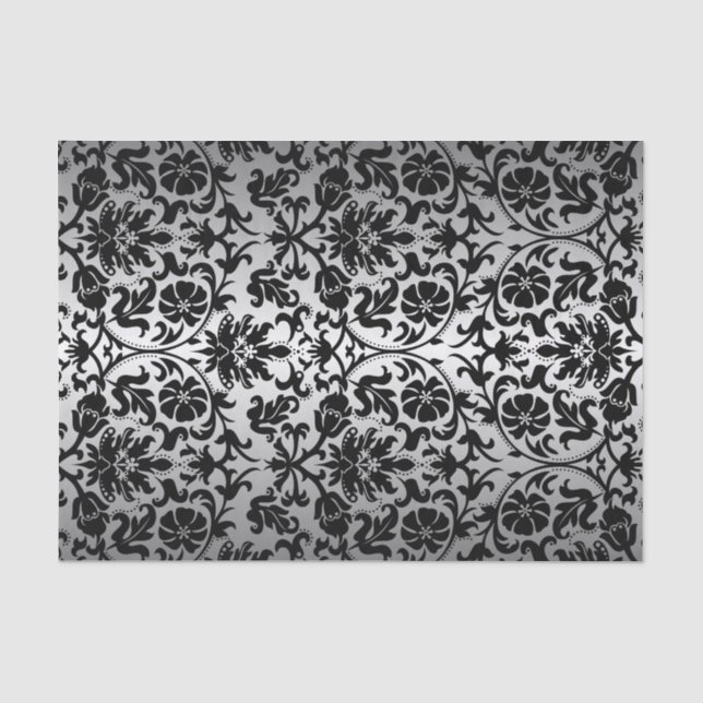 Papier Mousseline Damas florales gris noir et argenté (Recto)