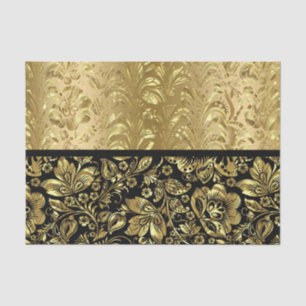 Papier Mousseline Damas Florales Noires Et brillantes D'Or