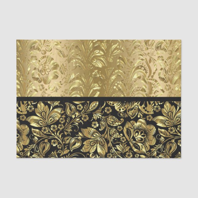 Papier Mousseline Damas Florales Noires Et brillantes D'Or (Recto)