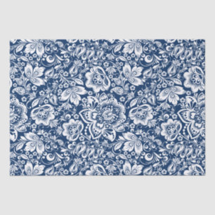 Papier Mousseline Damas vintage blanc sur arrière - plan bleu marine