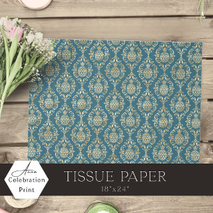 Papier Mousseline Damassé de pineapple doré bleu sarcelle 