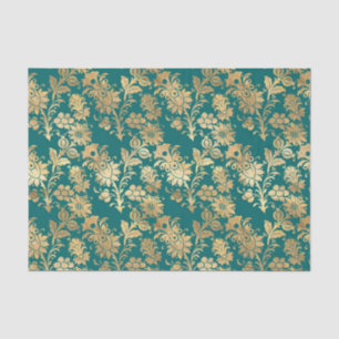 Papier Mousseline Damassé floral sarcelle et feuille d'or