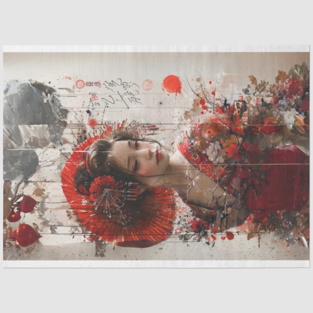 Papier Mousseline Dame japonaise en Kimono rouge découpage (Recto)