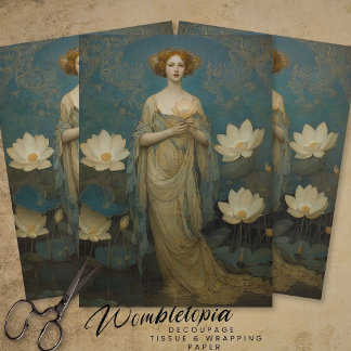 Papier Mousseline Dame Vintage avec nénuphars blancs en découpage