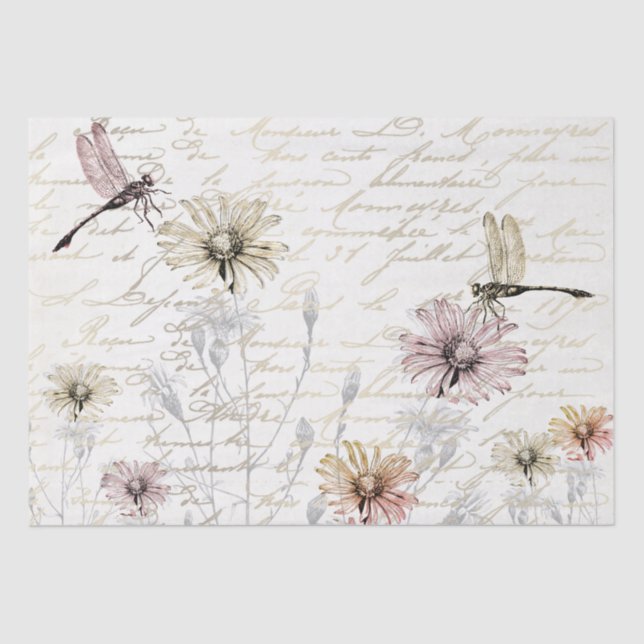 Papier Mousseline Danseurs Damselfly French Script Meadow Decoupage (Recto)