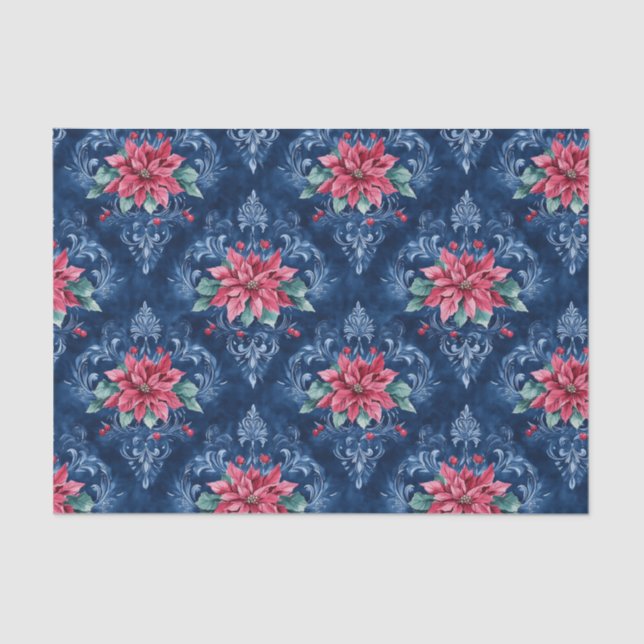 Papier Mousseline Dark Blue Damask with Red Poinsettia Flowers (Recto)