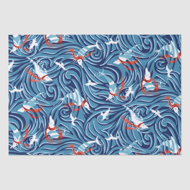Papier Mousseline Dauphin Joie Tropical Nautique Noël/Bleu, Rouge (Recto)