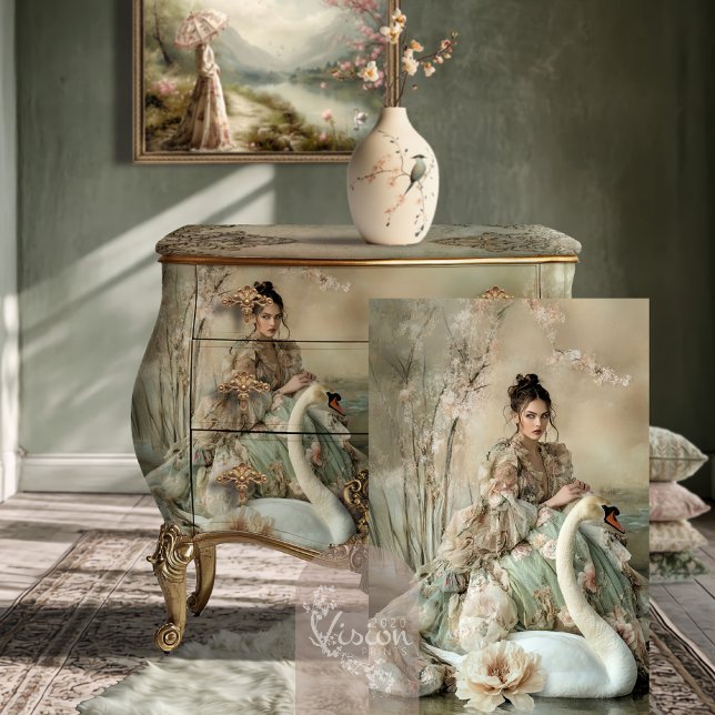 Papier Mousseline De bonne grâce Bouffant Portrait & Swan (De bonne grâce Elegant Bouffant Portrait Lady & Swan Art, Ethereal Lake Fantasy Furniture Decoupage.)