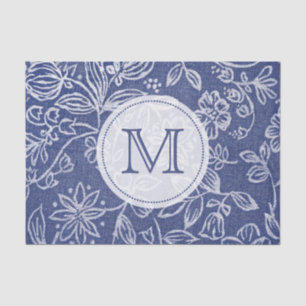 Papier Mousseline Décoré d'un monogramme floral bleu et blanc