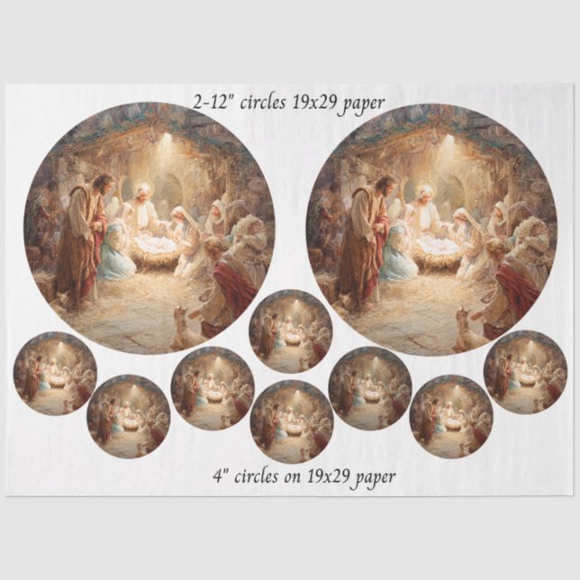 Papier Mousseline Decoupage 12" Scène de la Nativité Cercles & 8 Sou (Recto)