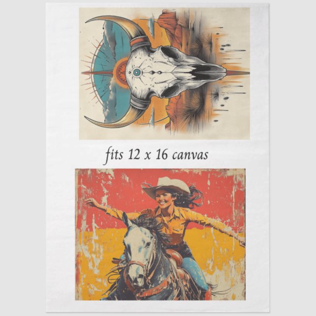 Papier Mousseline Decoupage 12x16 Cowgirl Roper & Skull Design  (Recto)