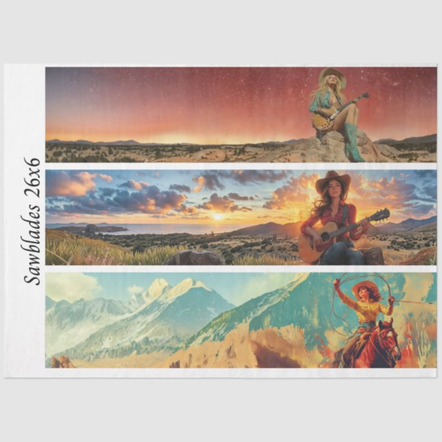 Papier Mousseline Decoupage 26x6" Cowgirl Western Designs Handsaws (Recto)