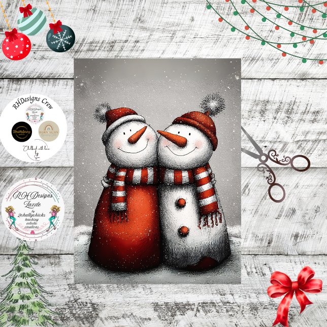 Papier Mousseline Decoupage 2 Snowmen Red Stripped Scarves Winter (Créateur téléchargé)