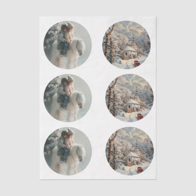 Papier Mousseline Decoupage 3" Snow Globe Moulds Child Horse Winter  (Recto)