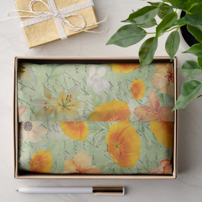Papier Mousseline Découpage à motifs floraux verts et jaunes moderne (Cadeau)