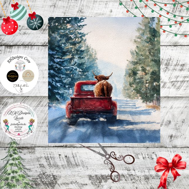 Papier Mousseline Decoupage All Cows Come Home Highland Red Truck  (Créateur téléchargé)