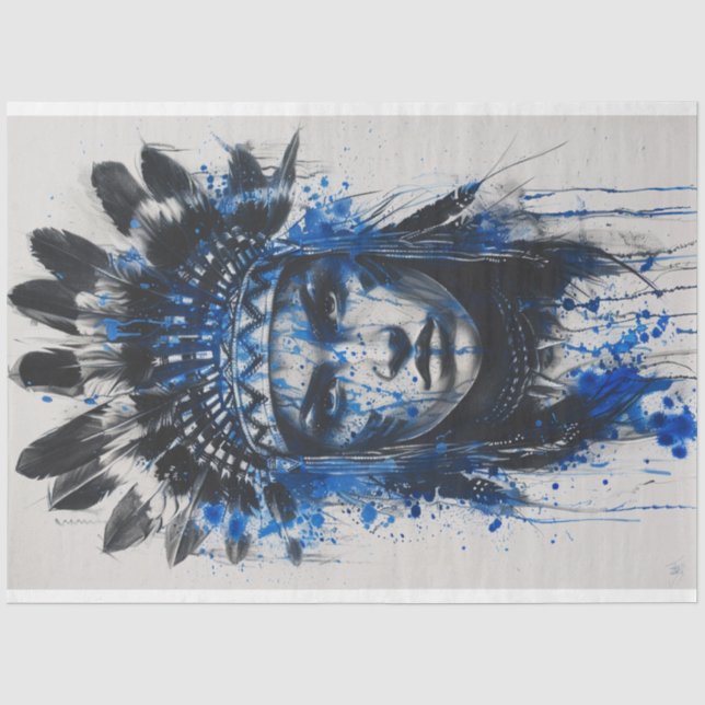 Papier Mousseline Découpage American Indian Maiden Blue Feather Art (Recto)
