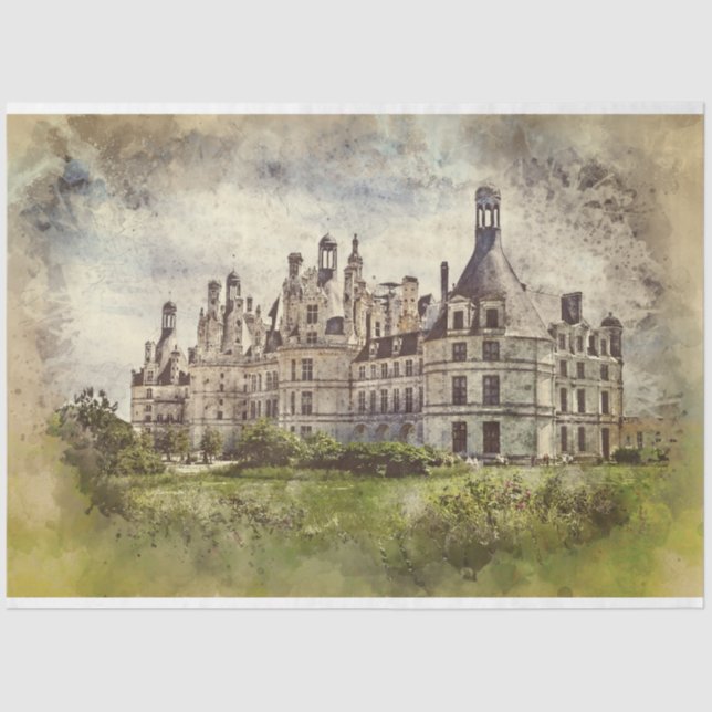 Papier Mousseline Découpage Ancien Château Français Aquarelle (Recto)