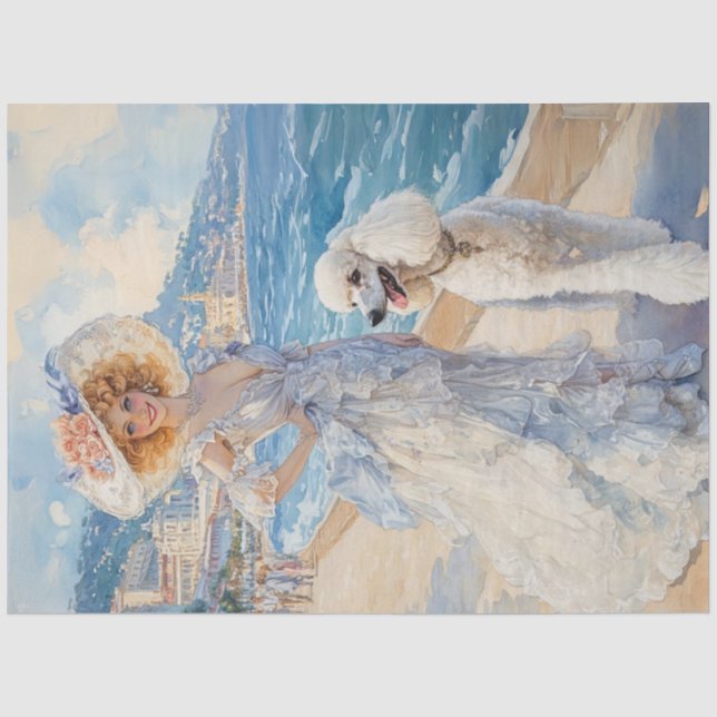 Papier Mousseline Découpage Aquarelle élégante Lady Ocean & Poodle (Recto)