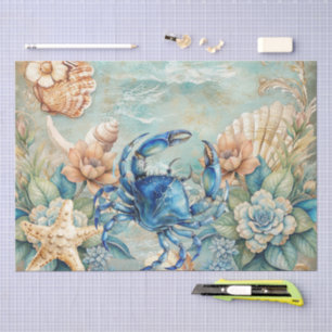 Papier Mousseline Découpage Beachy Pastel Crabe Bleu & Coquillages
