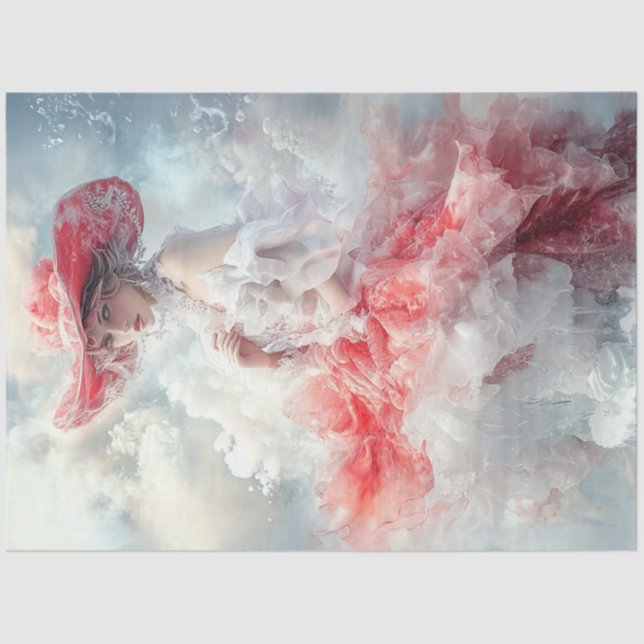 Papier Mousseline Découpage Belle Femme Robe Rouge Blanc Nuage (Recto)