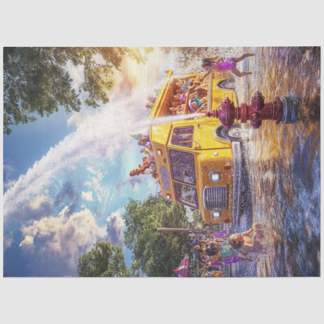Papier Mousseline Découpage Camion d'eau Enfants jouant dans la rue (Recto)