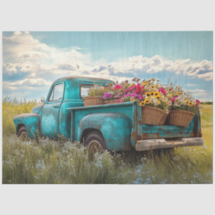 Papier Mousseline Découpage Camion Turquoise Vintage Champ de Grass 