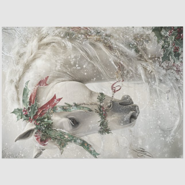 Papier Mousseline Découpage Cheval blanc magique Wonderland hivernal (Recto)