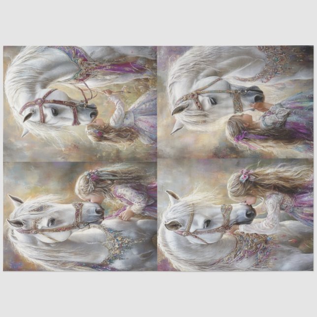 Papier Mousseline Découpage Cheval Blanc Whimsical Orned & Girl (Recto)