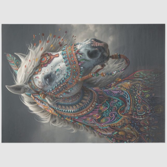 Papier Mousseline Découpage Cheval décoré américain indien vivant (Recto)