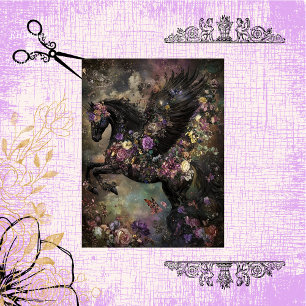 Papier Mousseline Découpage Cheval Noir Whimsical Horse Fleurs Intri