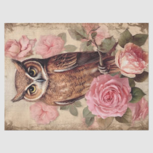 Papier Mousseline Découpage Chouette vintage et roses roses roses