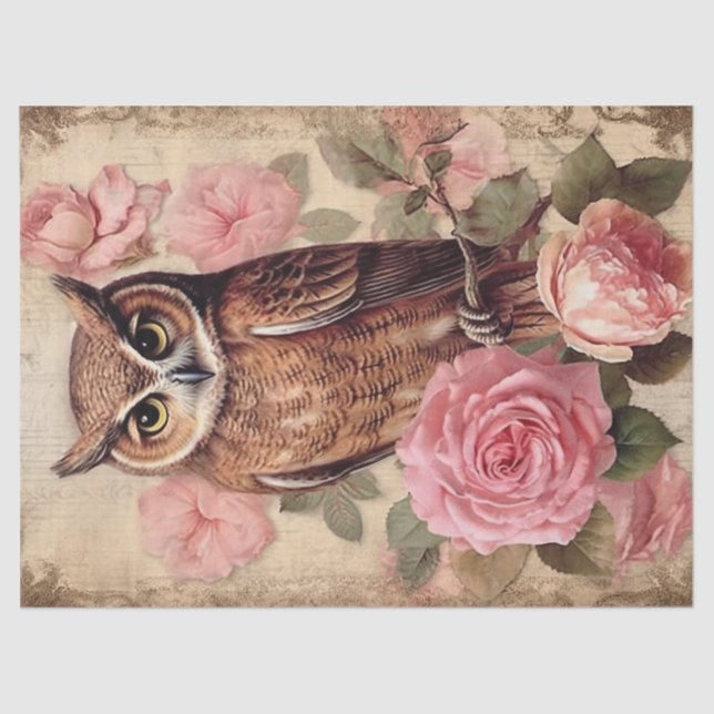 Papier Mousseline Découpage Chouette vintage et roses roses roses (Recto)