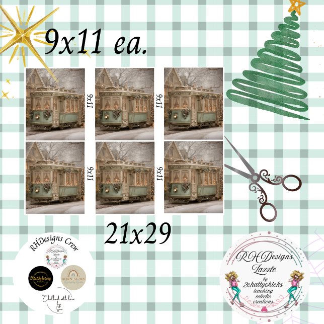 Papier Mousseline Decoupage Christmas Trolley Green 9 x 11 inches  (Créateur téléchargé)