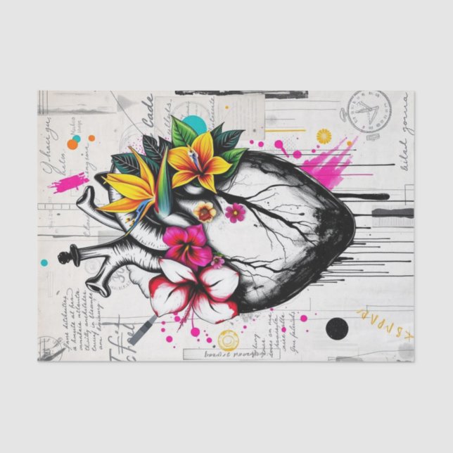 Papier Mousseline Découpage Coeur et fleurs tropicales | Gras (Recto)