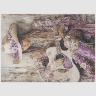 Papier Mousseline Découpage Country Girl Guitar Singer Lilac Robe