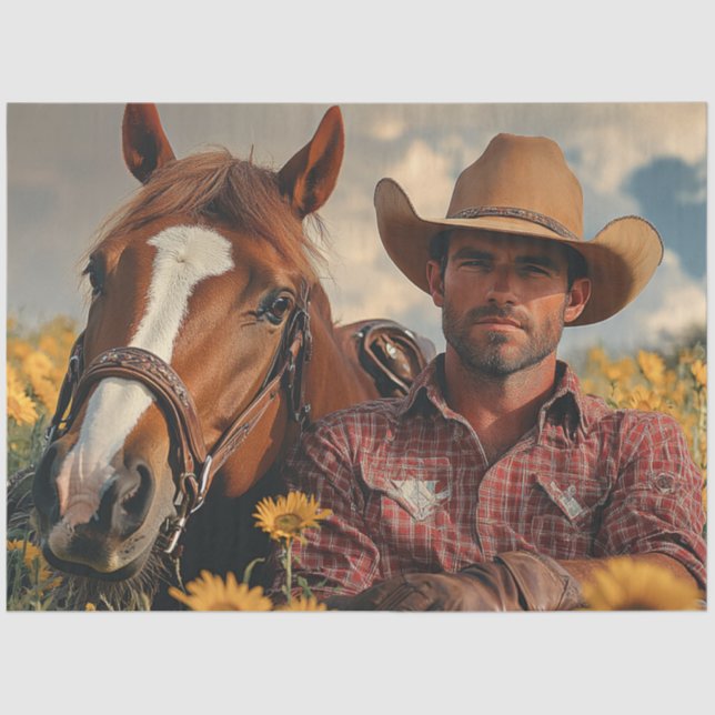 Papier Mousseline Découpage Cowboy Country Scène reposant avec un ch (Recto)