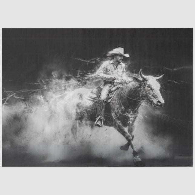 Papier Mousseline Découpage Cowboy Riding Bull Swirling Smoke Rings (Recto)
