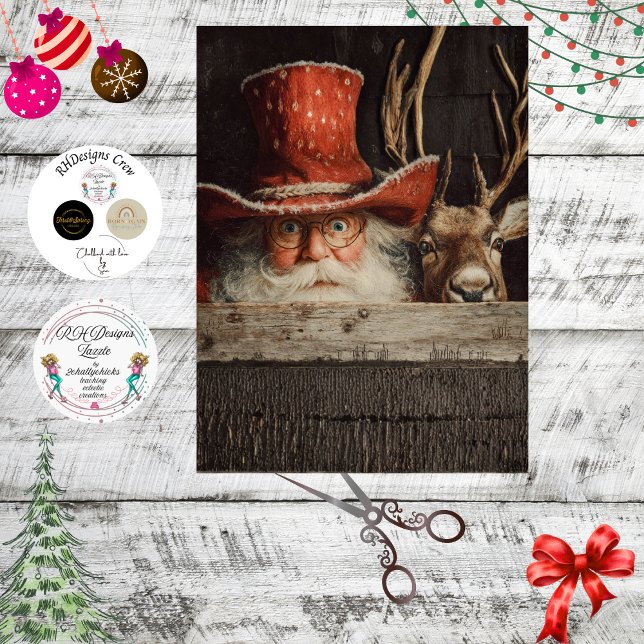 Papier Mousseline Decoupage Cowboy Santa & Rudolph Peeking  (Créateur téléchargé)