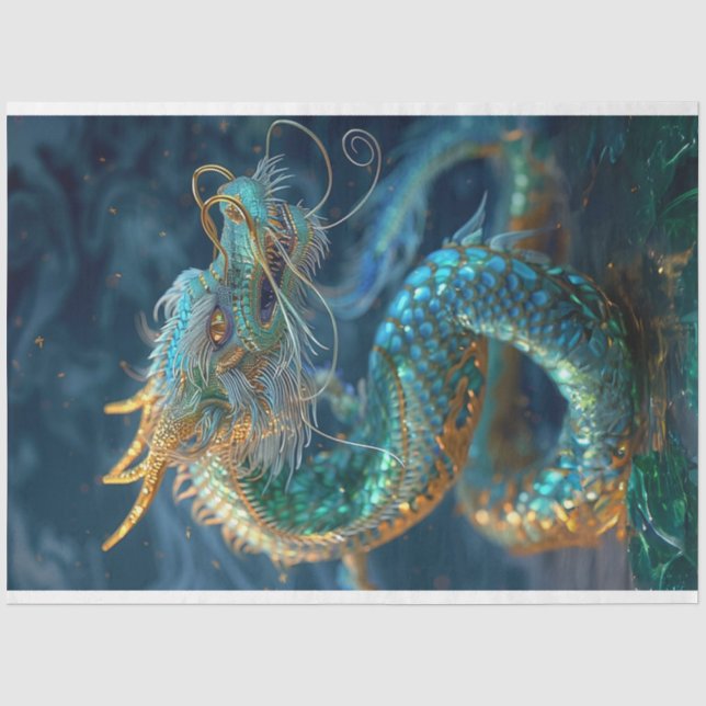 Papier Mousseline Découpage de dragon de serpent d'or Turquoise méta (Recto)